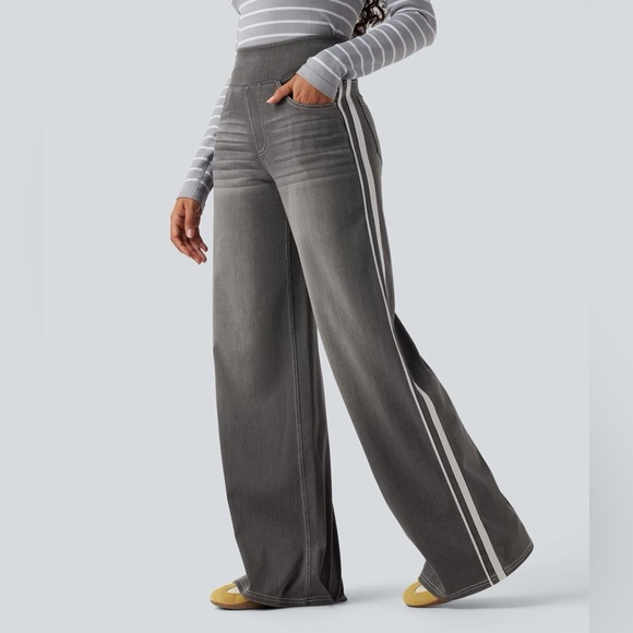 HALARA Pants - Halara Flex High Waisted Stripe Wide Leg Flowy Washed Casual Jeans Pockets M